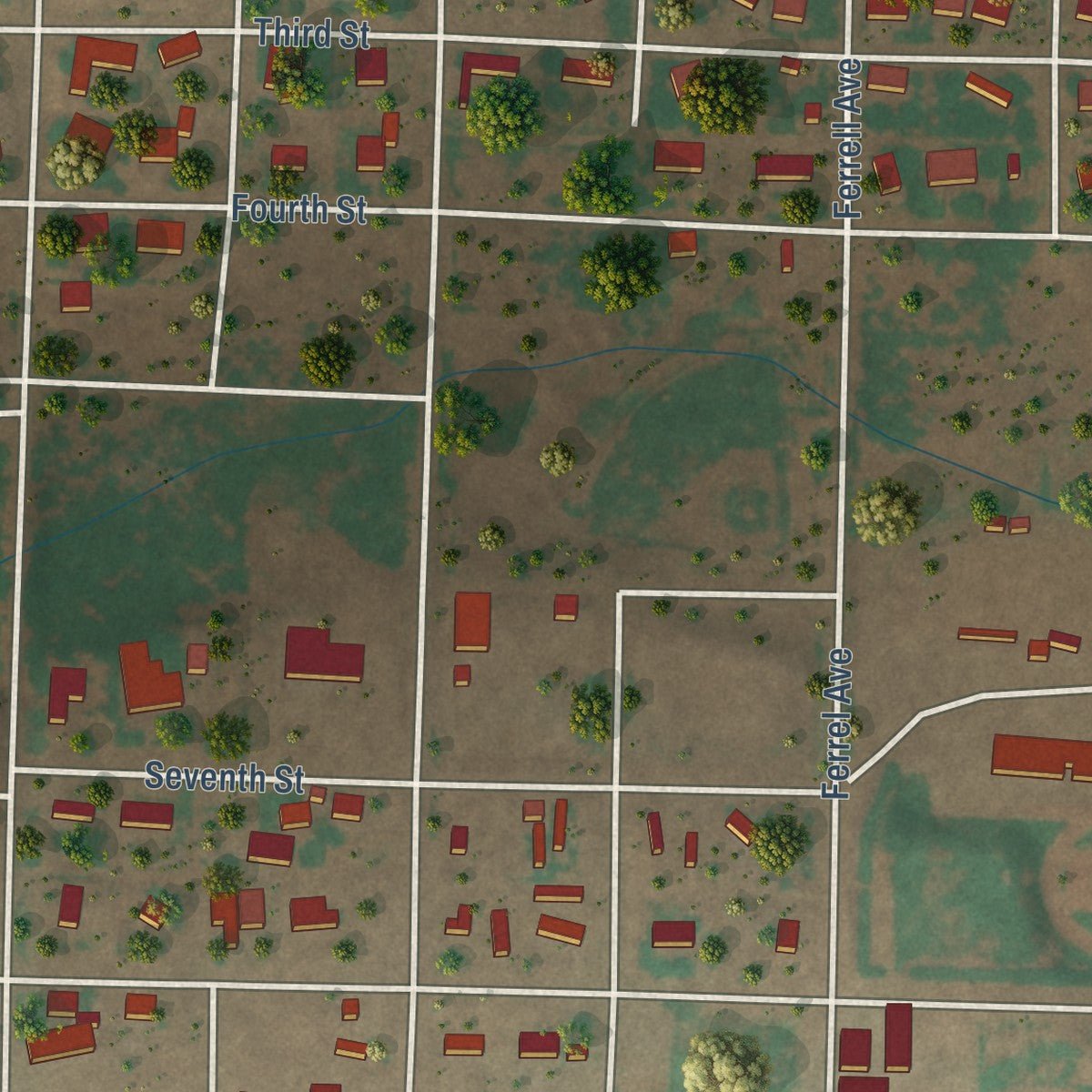 Second close-up of the map of Plains, Texas print showing more streets and buildings