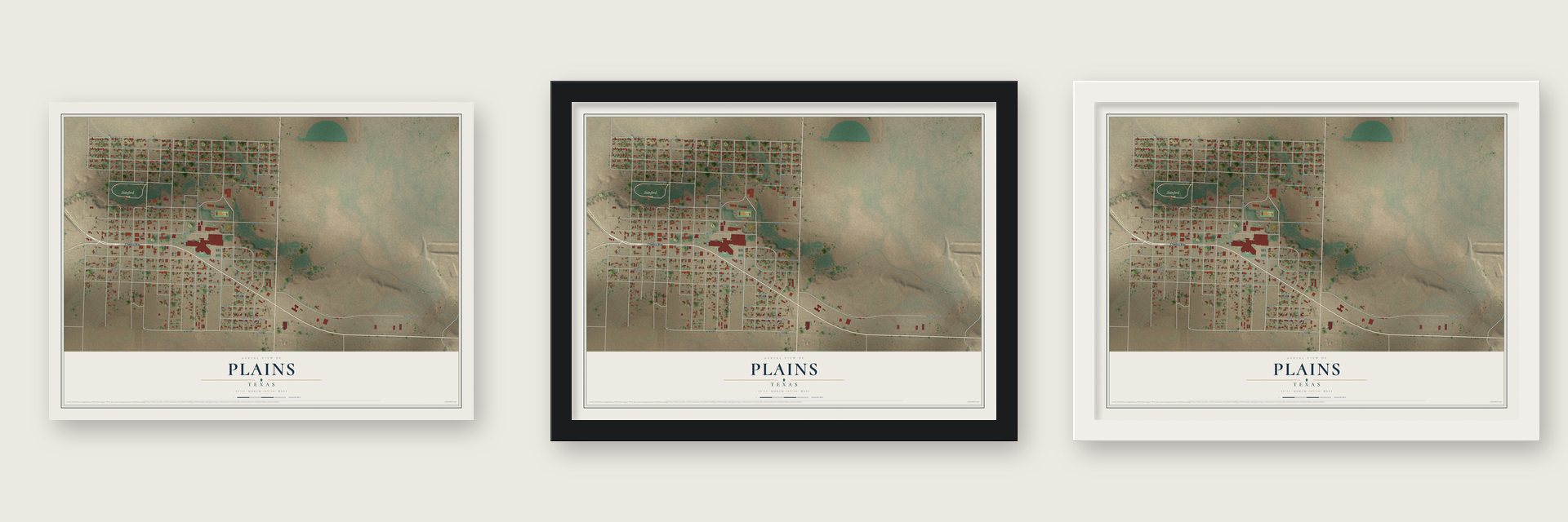 Plains, Texas map unframed, in a black wood frame and in a white wood frame