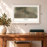 Plains, Texas map, 12 x 18 inch print in a white frame in an entryway
