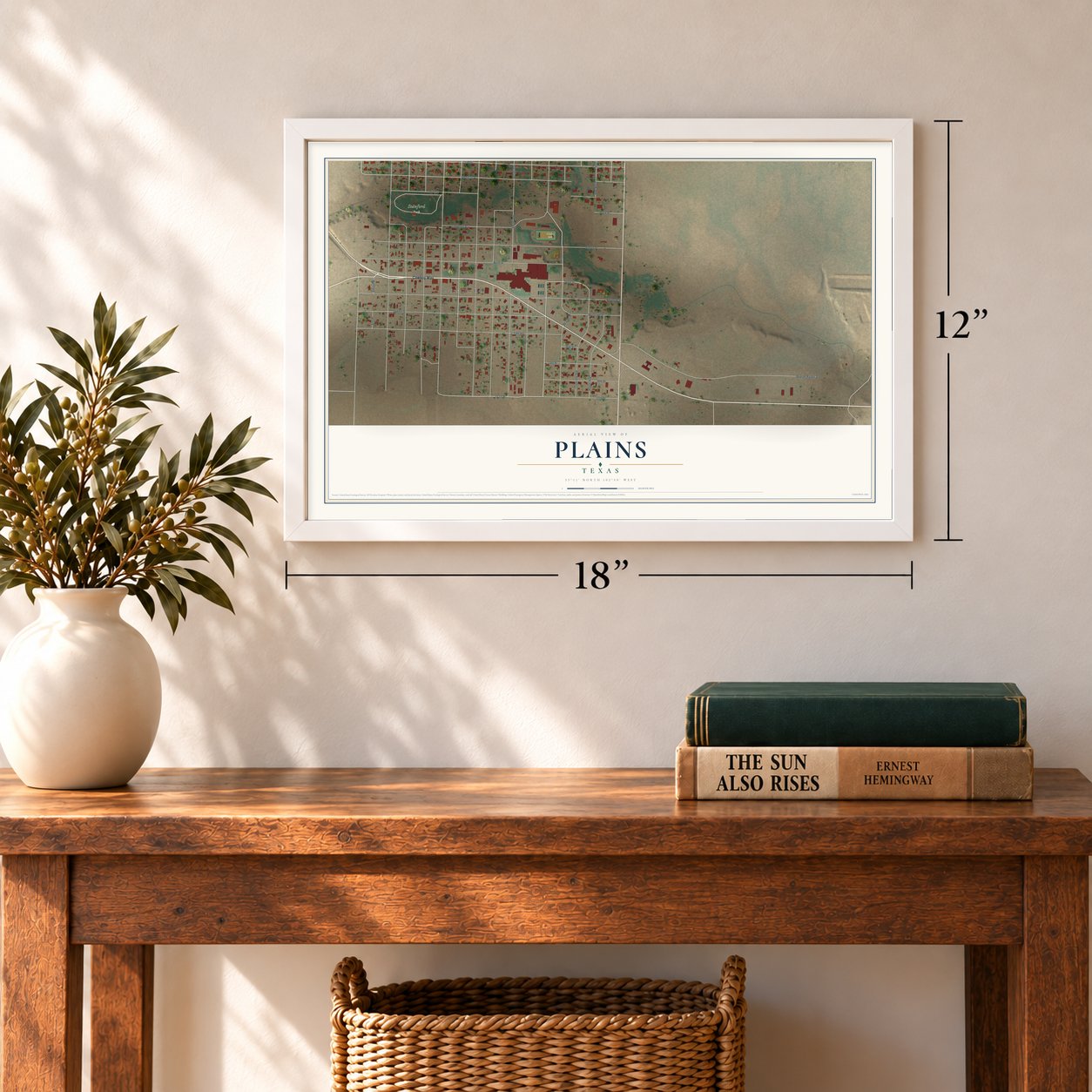 Plains, Texas map, 12 x 18 inch print in a white frame in an entryway