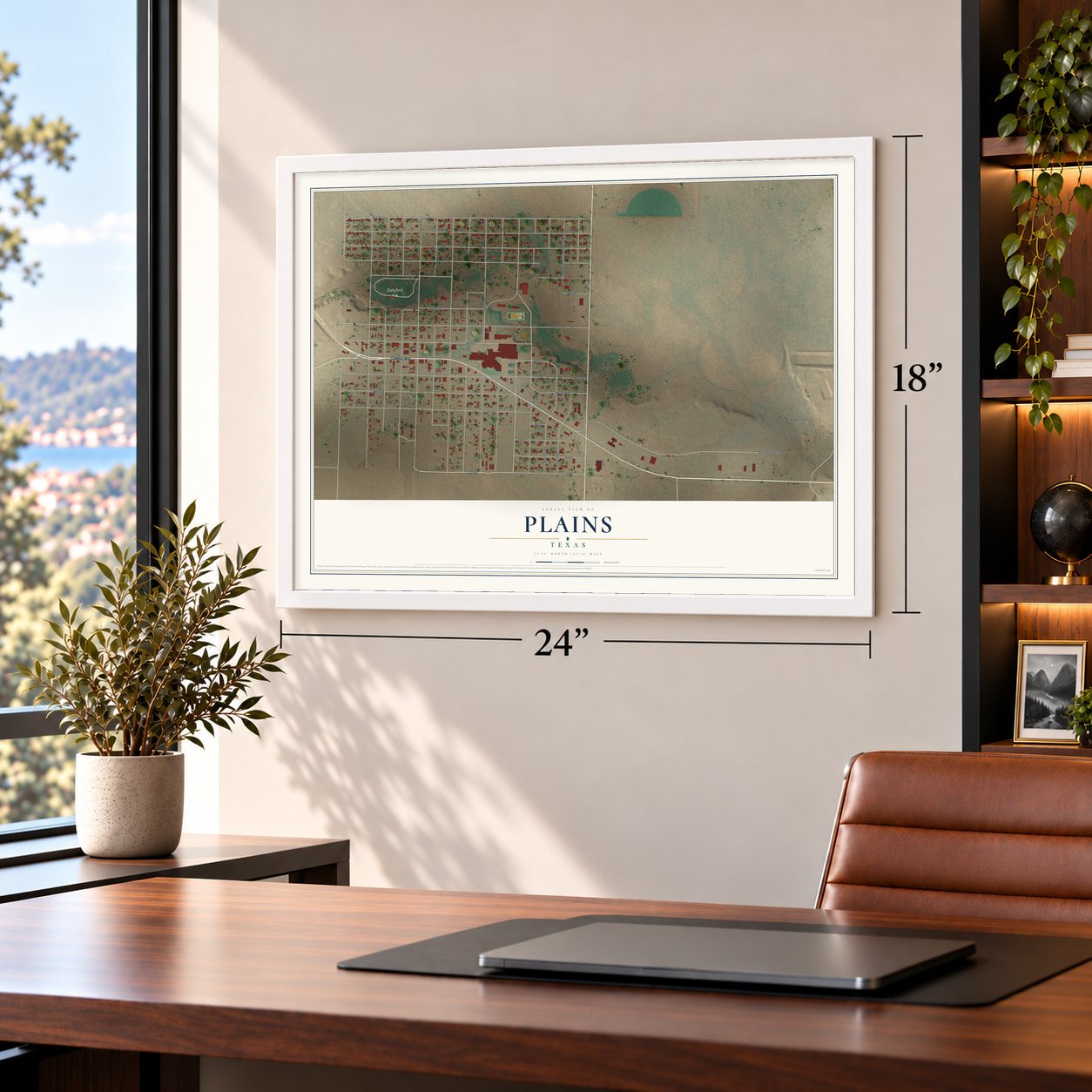 Plains, Texas map, 18 x 24 inch print in a white frame in a home office