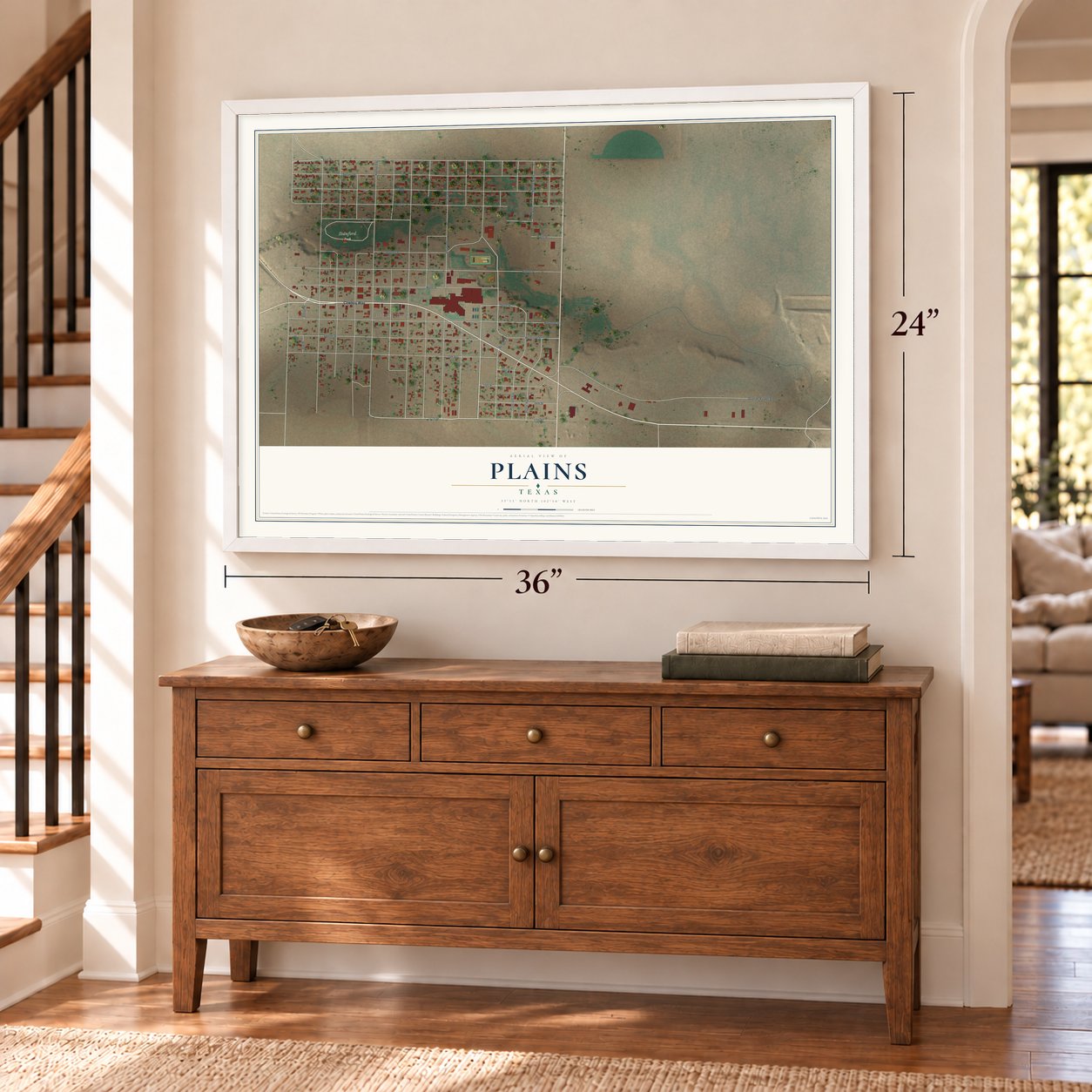 Plains, Texas map, 24 x 36 inch print in a white frame above a dresser by a staircase