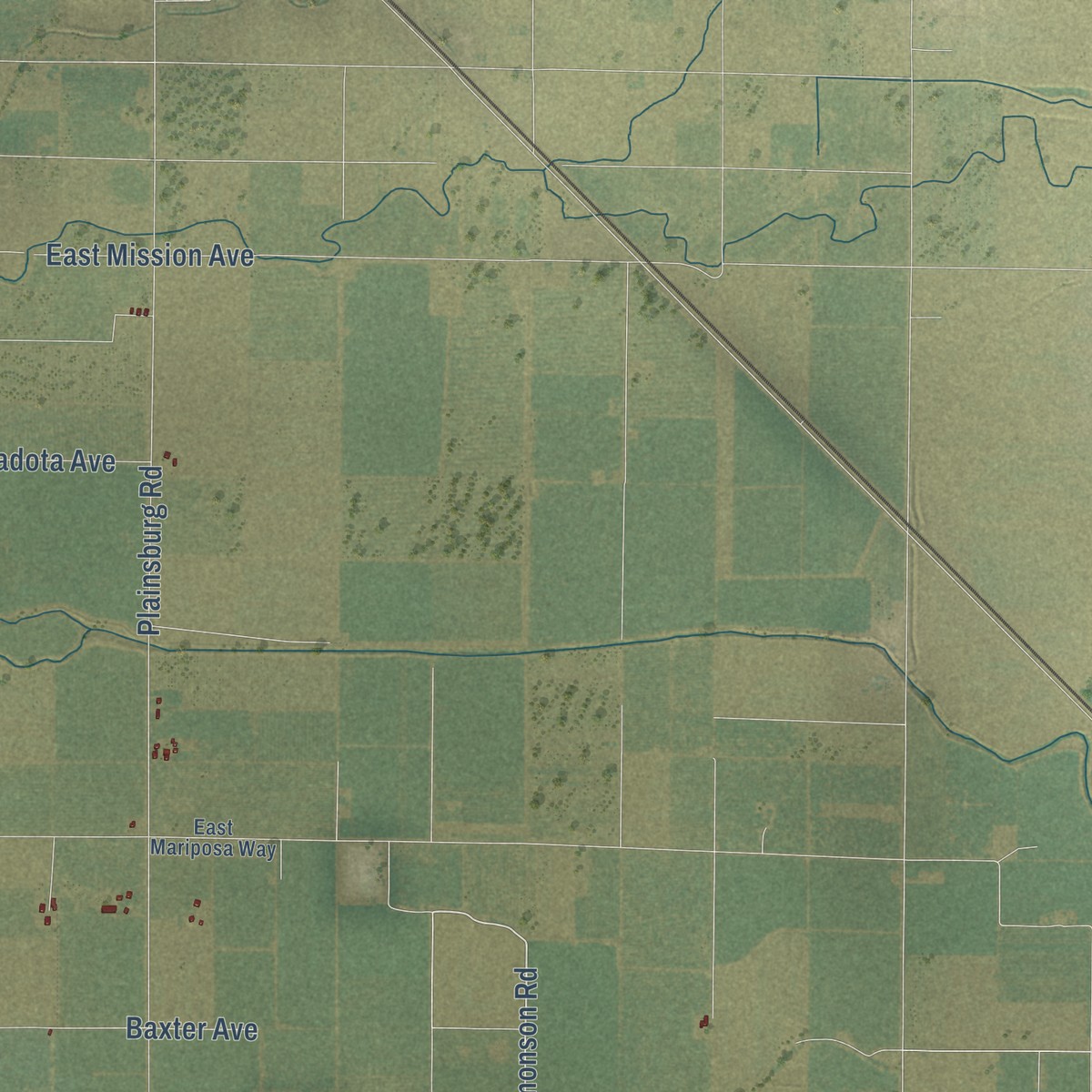 Second close-up of the map of Plainsburg, California print showing more streets and buildings