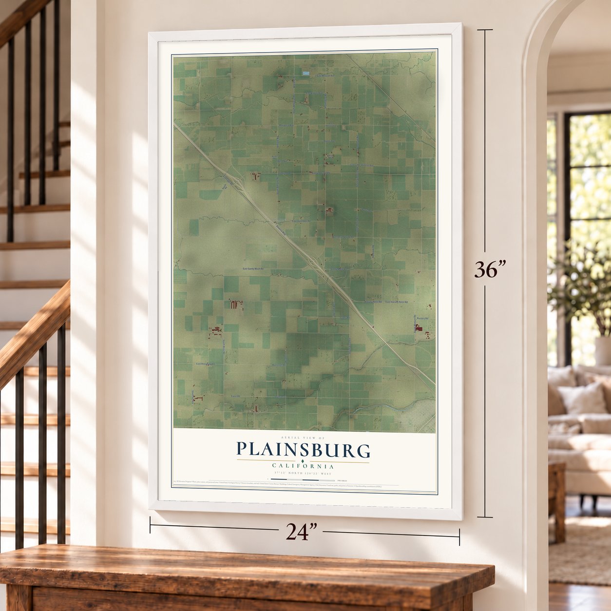 Plainsburg, California map, 24 x 36 inch print in a white frame by a staircase