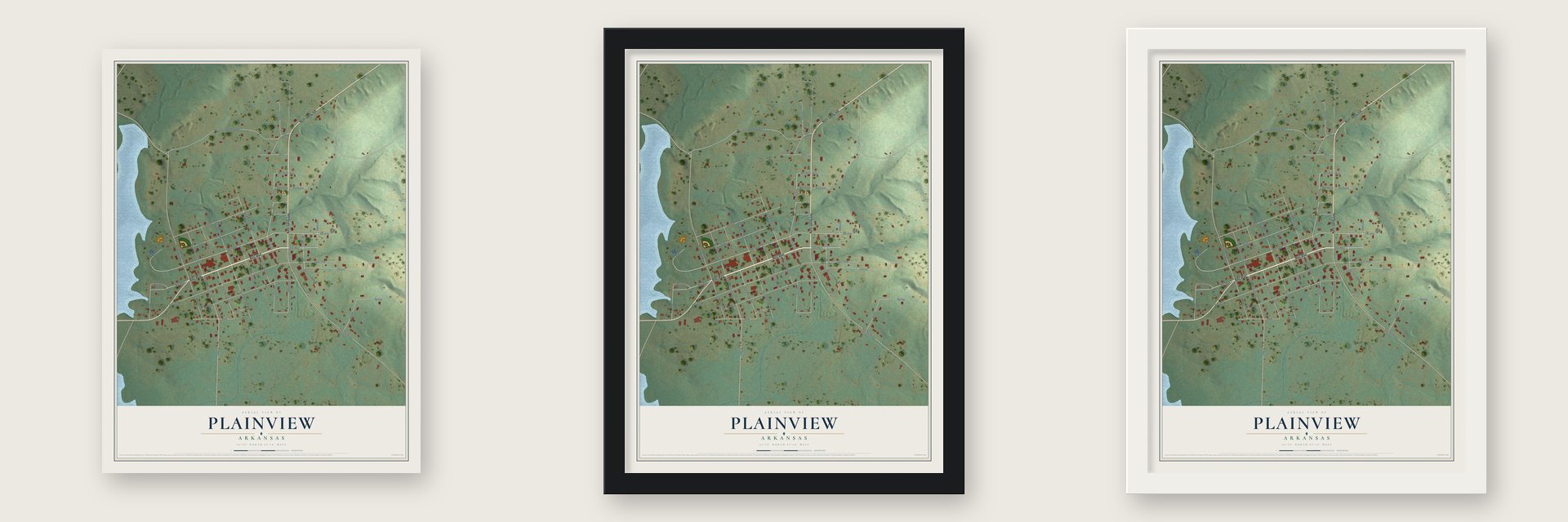 Plainview, Arkansas map unframed, in a black wood frame and in a white wood frame