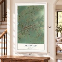 Plainview, Arkansas map, 24 x 36 inch print in a white frame by a staircase
