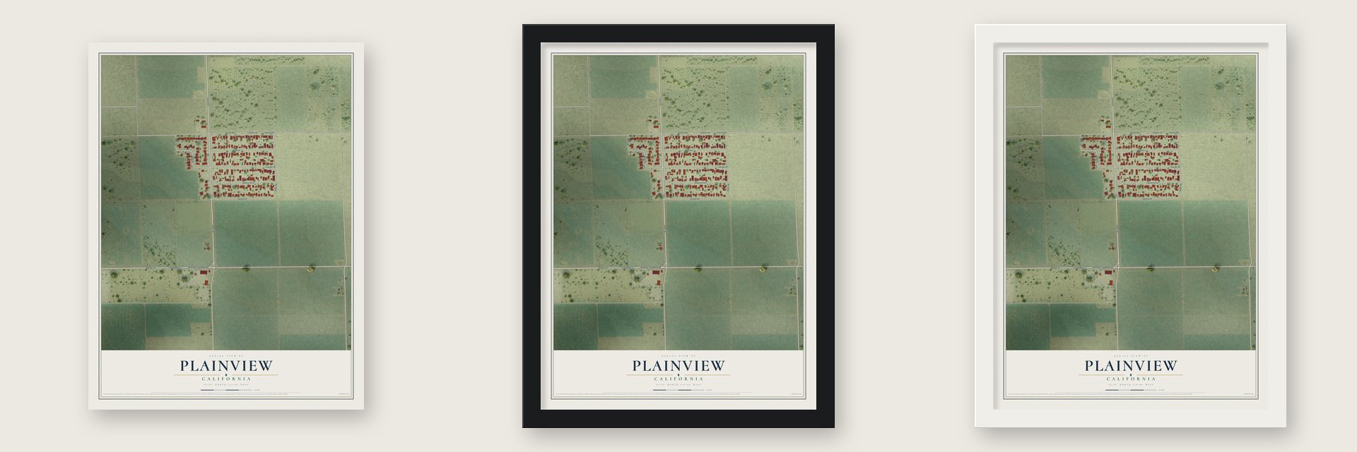 Plainview, California map unframed, in a black wood frame and in a white wood frame