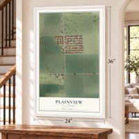 Plainview, California map, 24 x 36 inch print in a white frame by a staircase