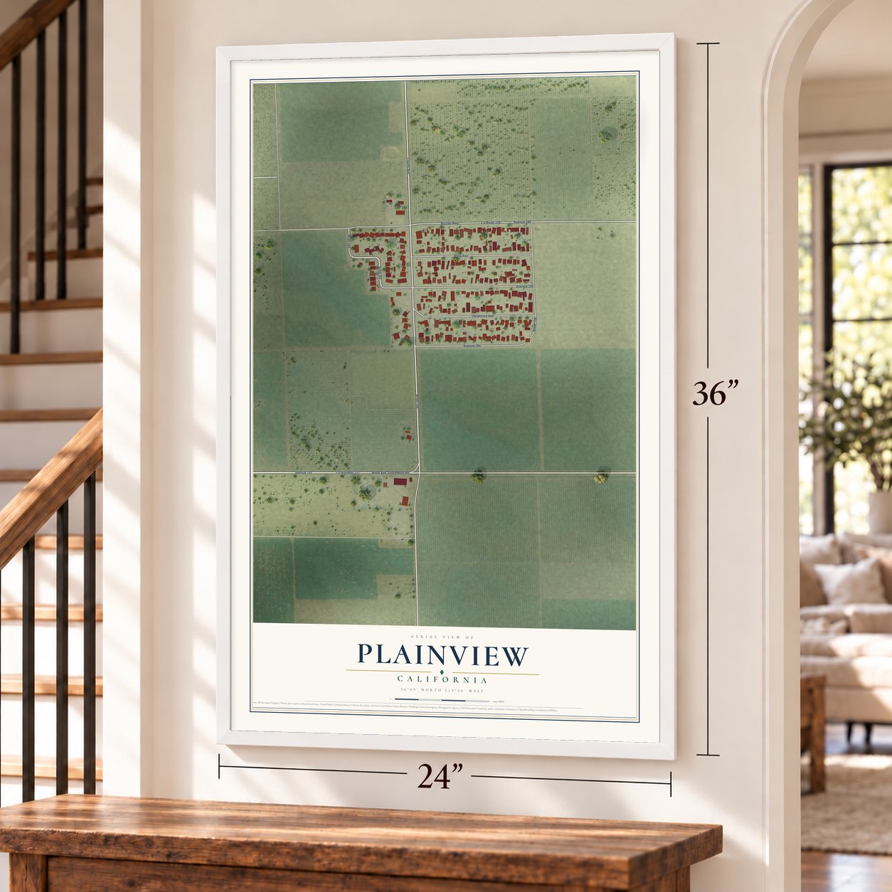 Plainview, California map, 24 x 36 inch print in a white frame by a staircase