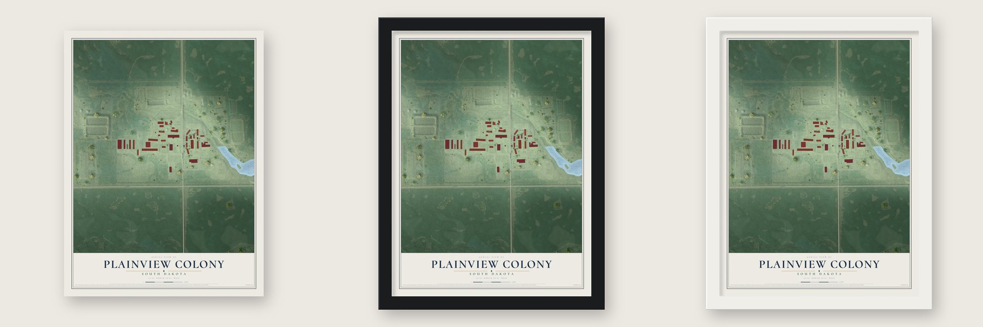 Plainview Colony, South Dakota map unframed, in a black wood frame and in a white wood frame