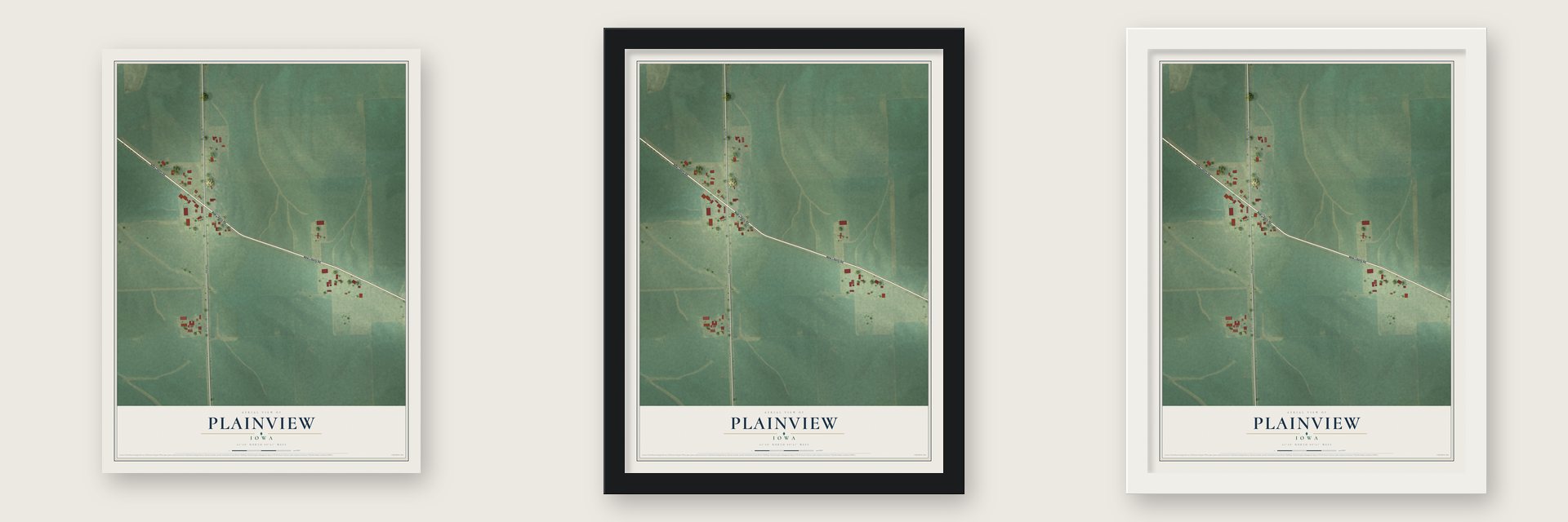 Plainview, Iowa map unframed, in a black wood frame and in a white wood frame