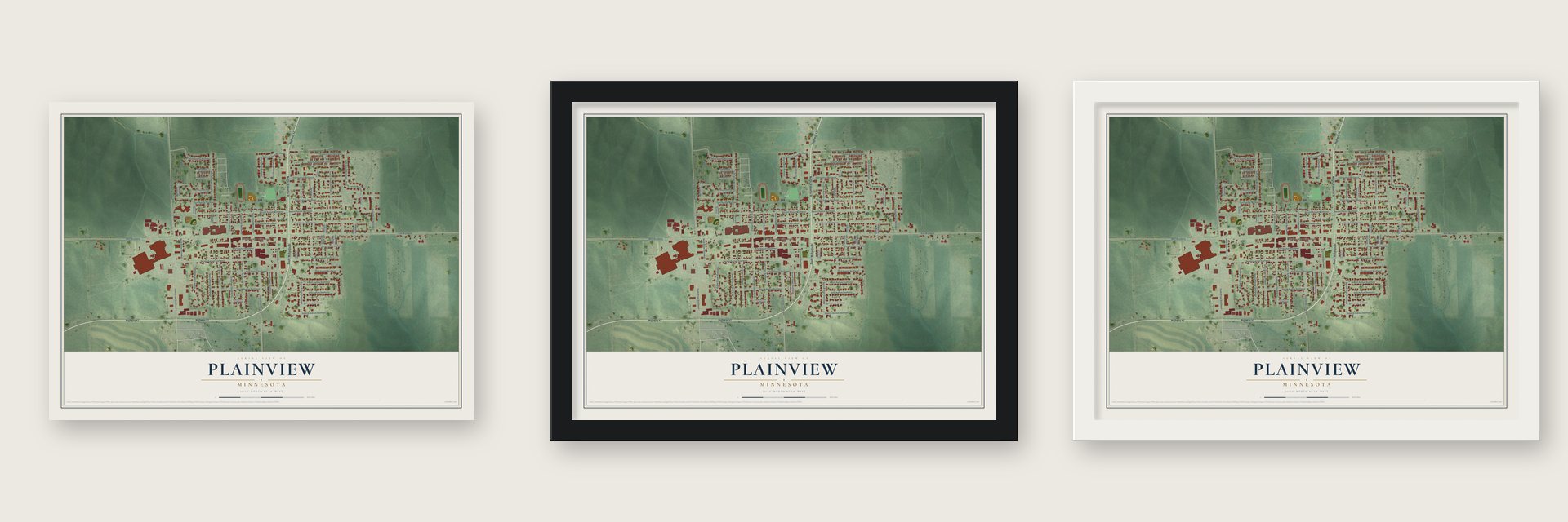 Plainview, Minnesota map unframed, in a black wood frame and in a white wood frame