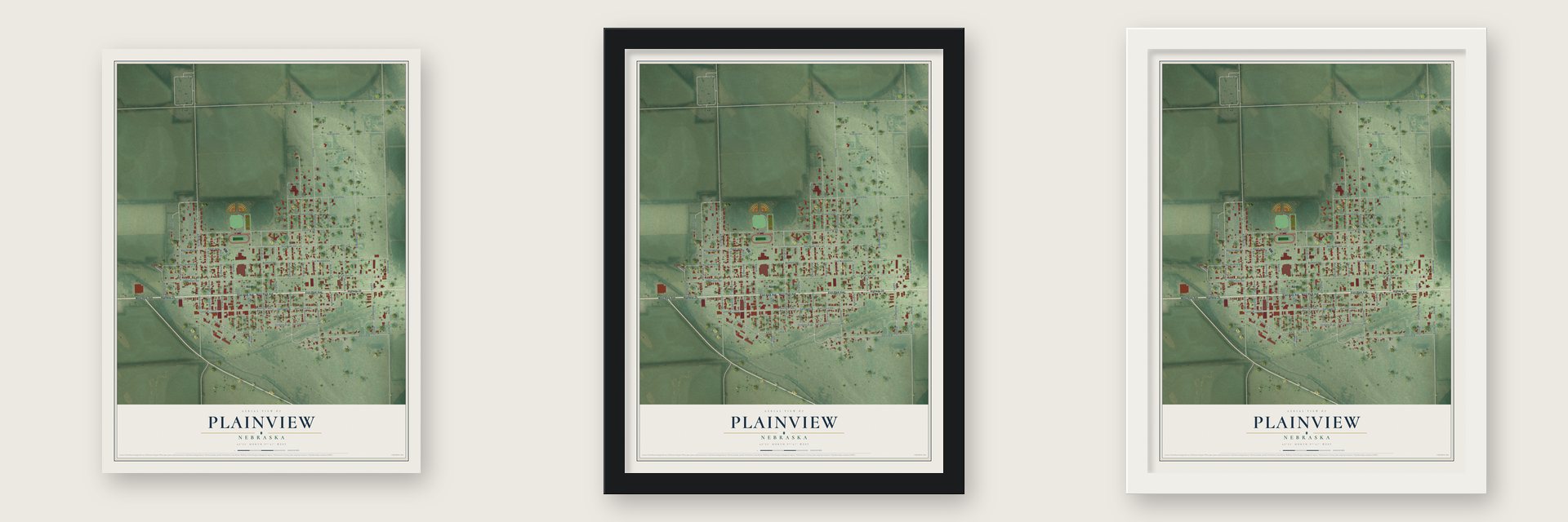 Plainview, Nebraska map unframed, in a black wood frame and in a white wood frame