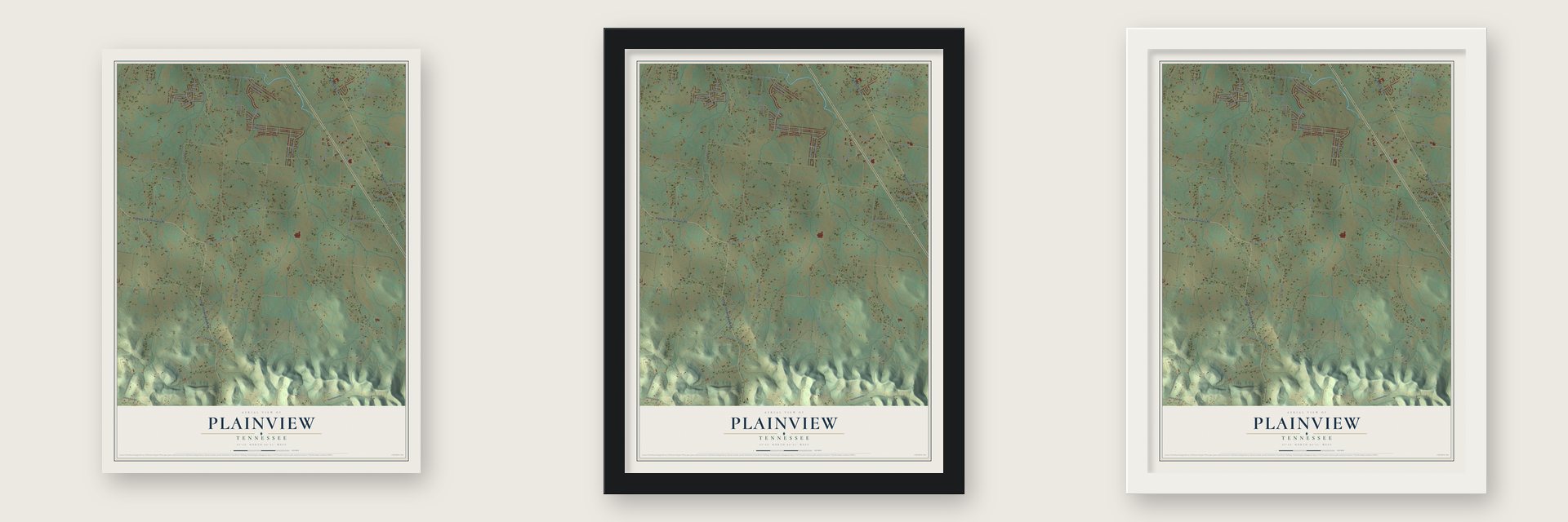 Plainview, Rutherford County, Tennessee map unframed, in a black wood frame and in a white wood frame