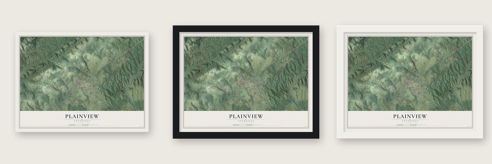 Plainview, Tennessee map unframed, in a black wood frame and in a white wood frame