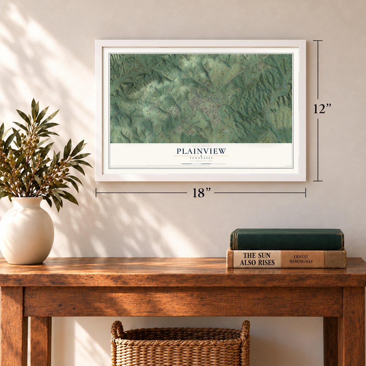 Plainview, Tennessee map, 12 x 18 inch print in a white frame in an entryway