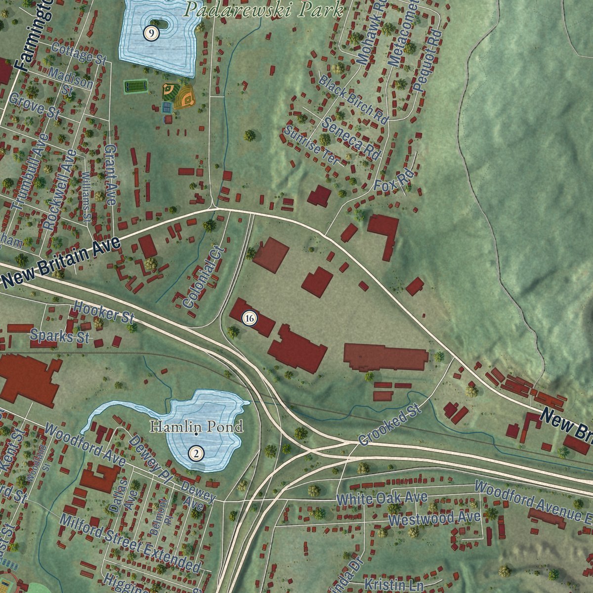 Second close-up of the map of Plainville, Connecticut print showing more streets and buildings