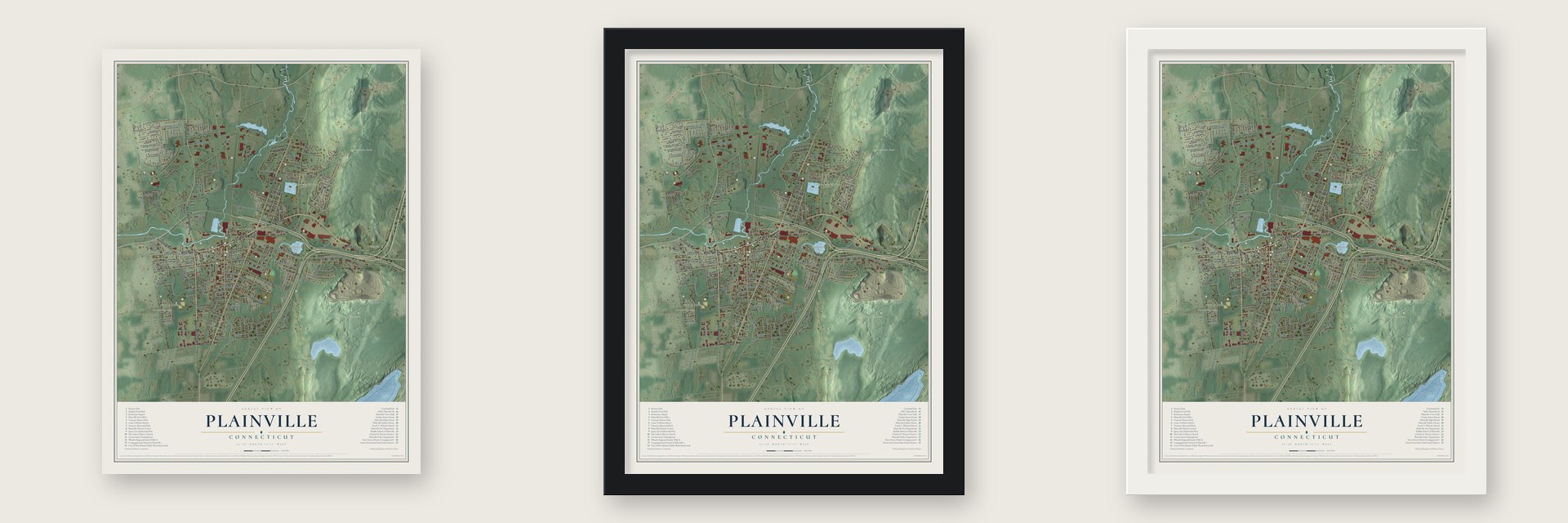 Plainville, Connecticut map unframed, in a black wood frame and in a white wood frame