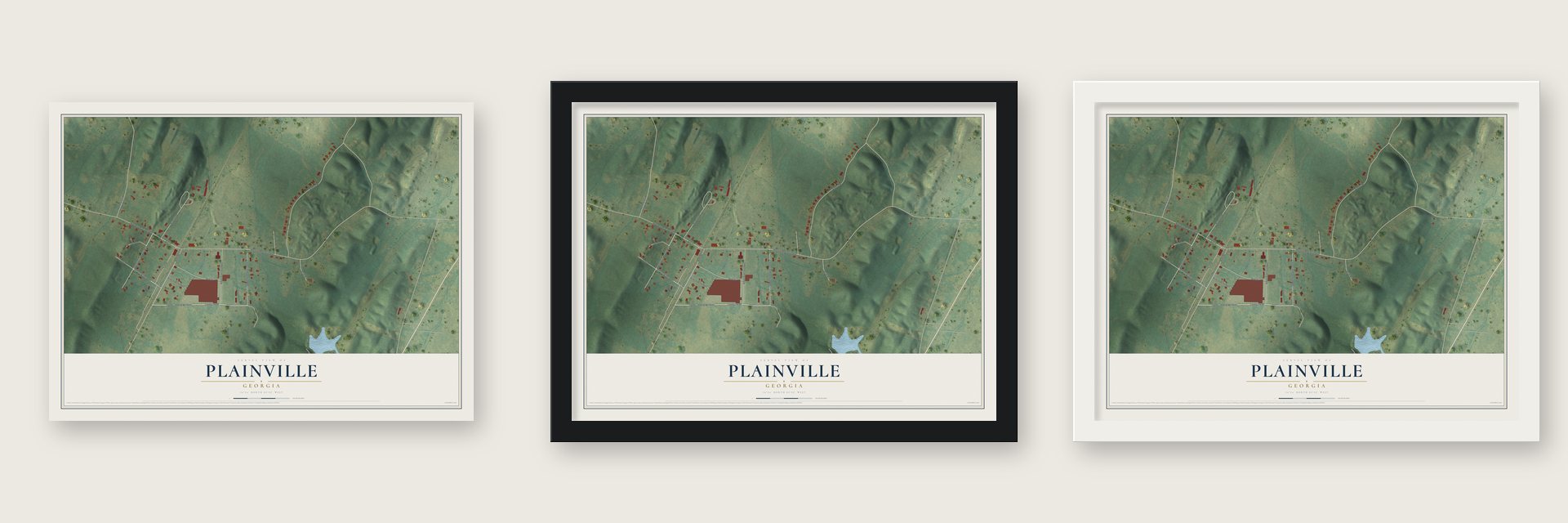 Plainville, Georgia map unframed, in a black wood frame and in a white wood frame