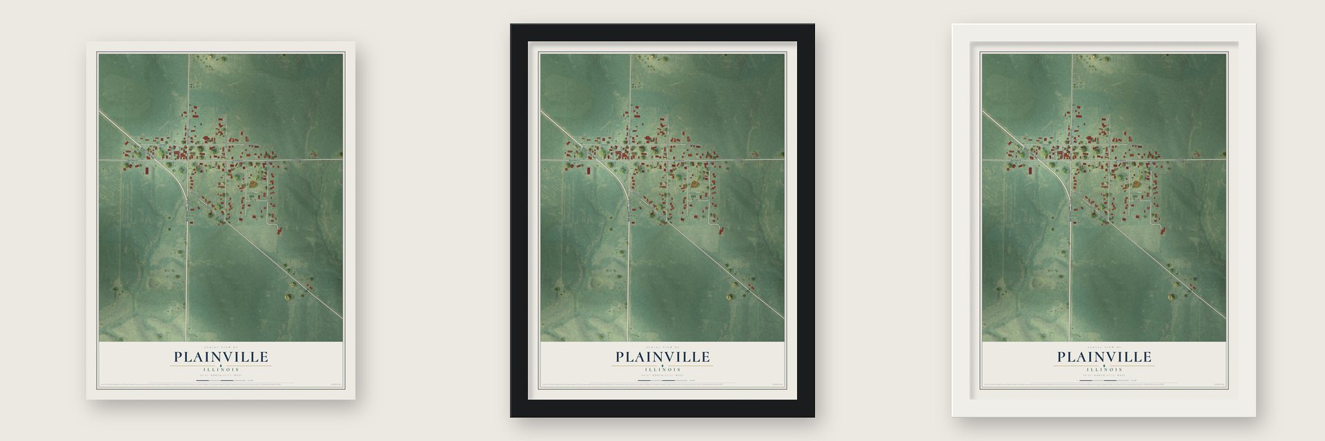 Plainville, Illinois map unframed, in a black wood frame and in a white wood frame