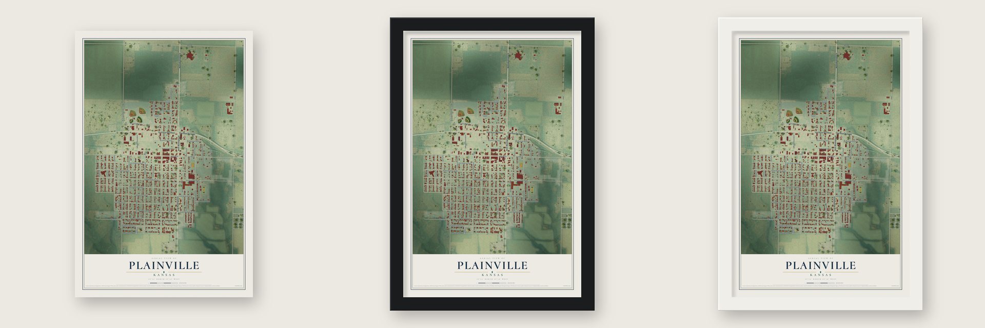 Plainville, Kansas map unframed, in a black wood frame and in a white wood frame