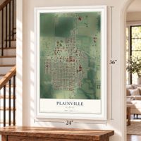 Plainville, Kansas map, 24 x 36 inch print in a white frame by a staircase