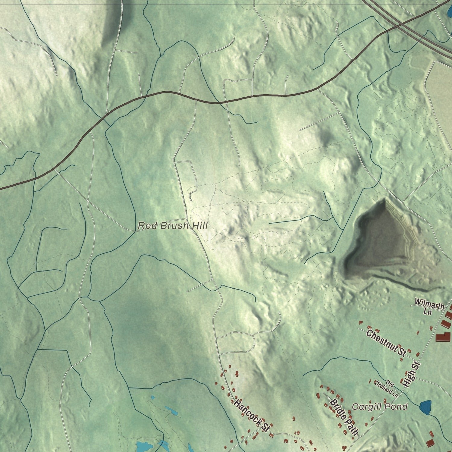 Close-up of the map of Plainville, Massachusetts print showing terrain and local geography