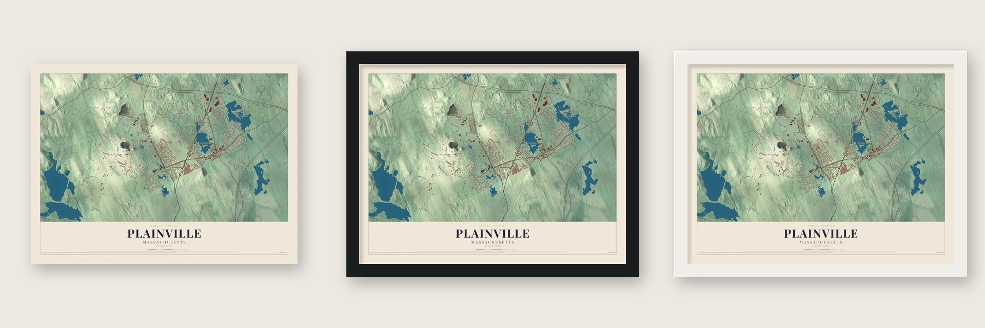 Plainville, Massachusetts map unframed, in a black wood frame and in a white wood frame
