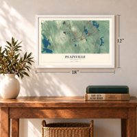 Plainville, Massachusetts map, 12 x 18 inch print in a white frame in an entryway
