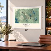 Plainville, Massachusetts map, 18 x 24 inch print in a white frame in a home office