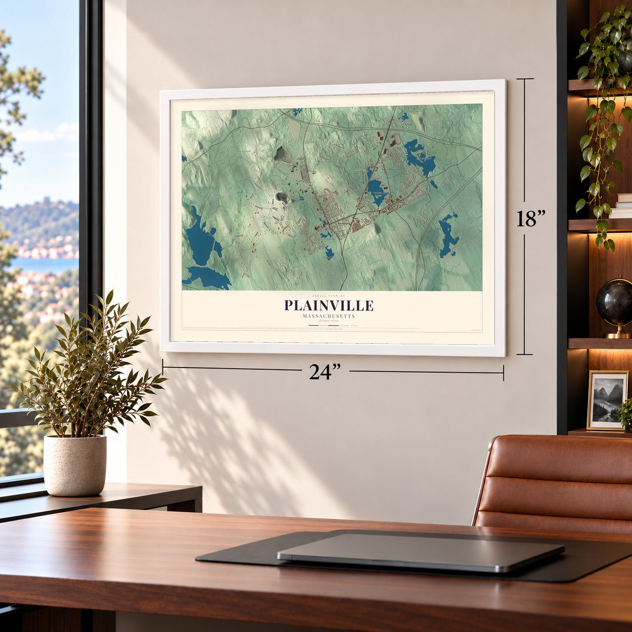 Plainville, Massachusetts map, 18 x 24 inch print in a white frame in a home office