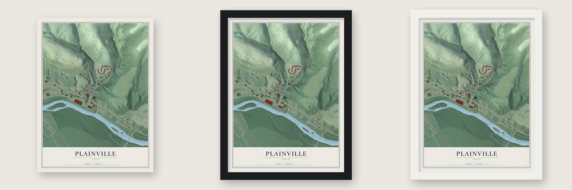 Plainville, Ohio map unframed, in a black wood frame and in a white wood frame