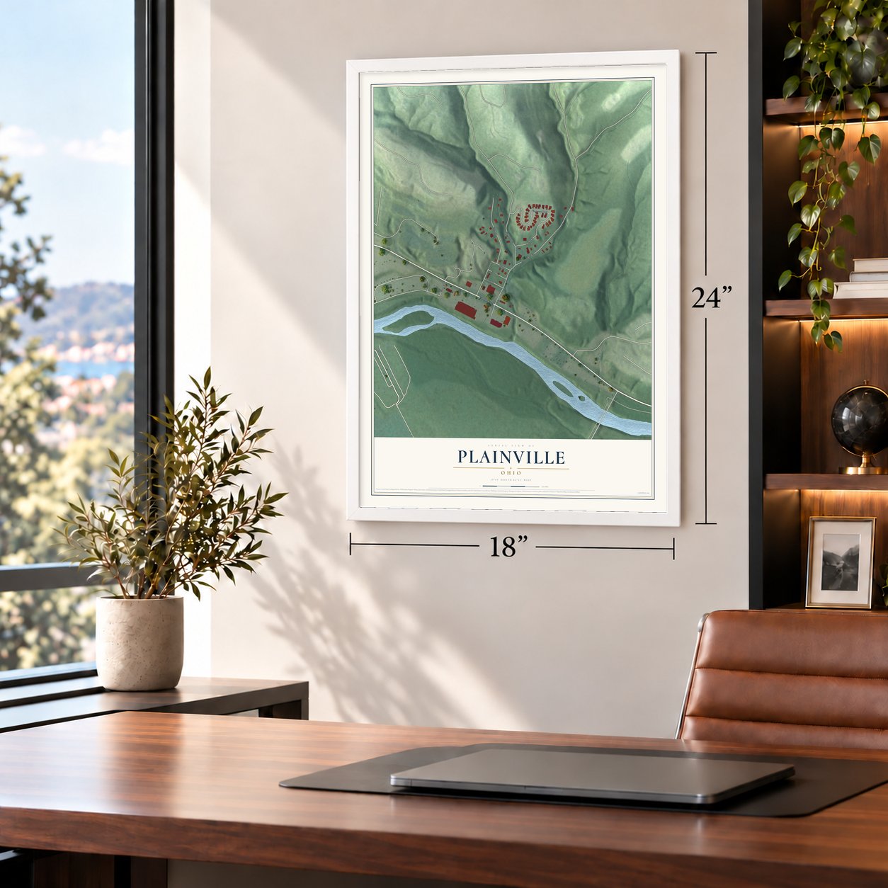 Plainville, Ohio map, 18 x 24 inch print in a white frame in a home office