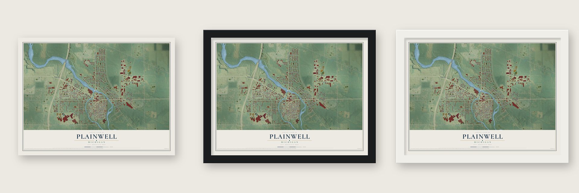 Plainwell, Michigan map unframed, in a black wood frame and in a white wood frame