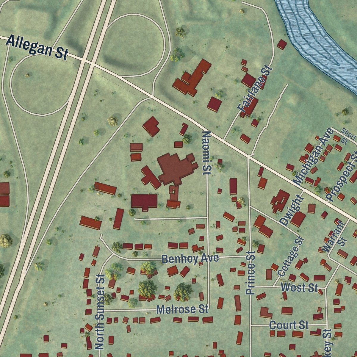 Second close-up of the map of Plainwell, Michigan print showing more streets and buildings