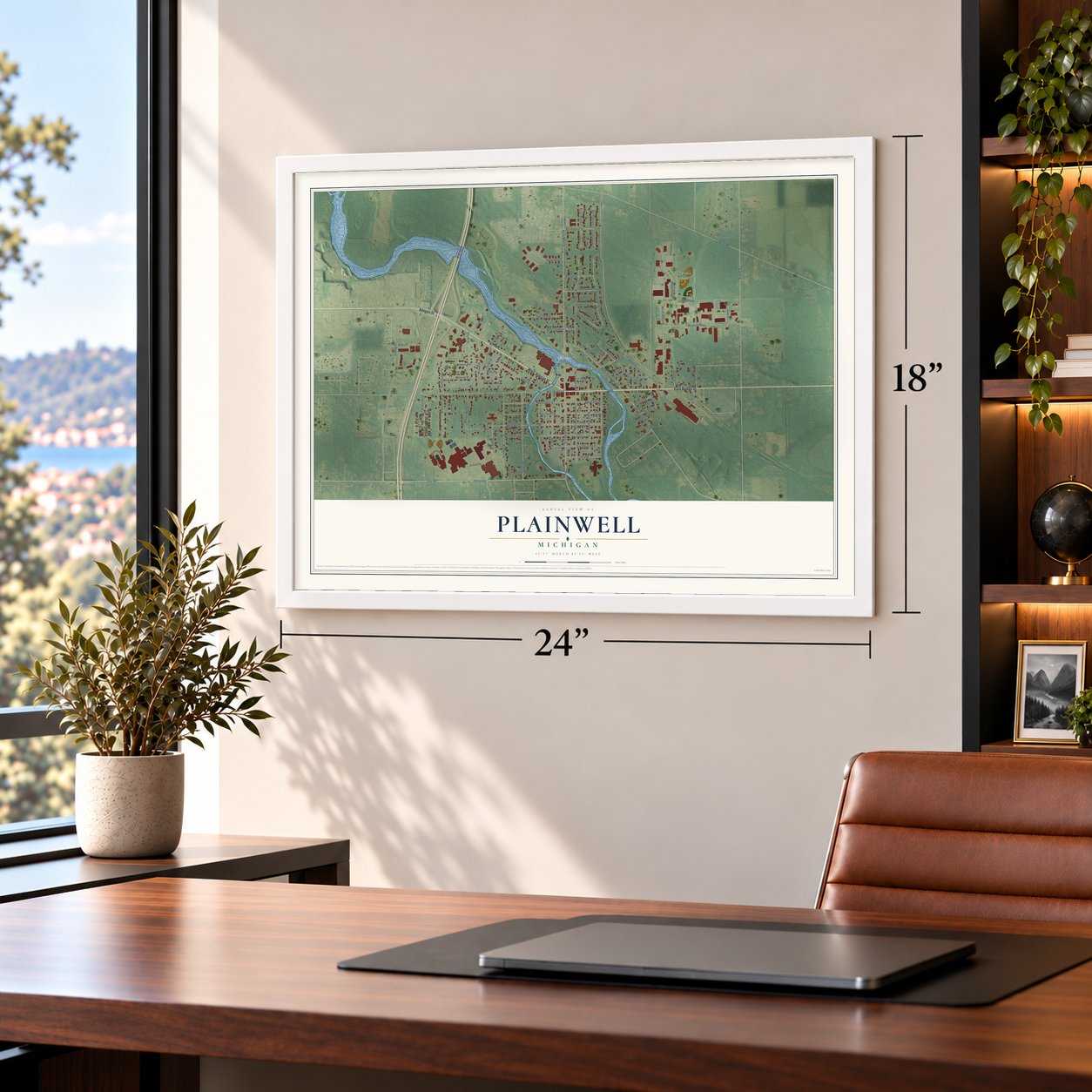 Plainwell, Michigan map, 18 x 24 inch print in a white frame in a home office