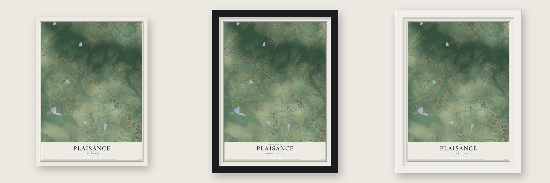 Plaisance, Louisiana map unframed, in a black wood frame and in a white wood frame