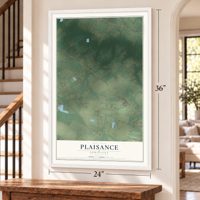 Plaisance, Louisiana map, 24 x 36 inch print in a white frame by a staircase