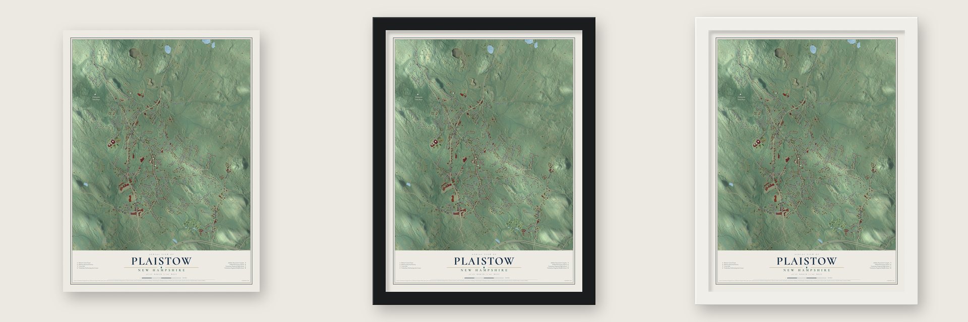 Plaistow, New Hampshire map unframed, in a black wood frame and in a white wood frame