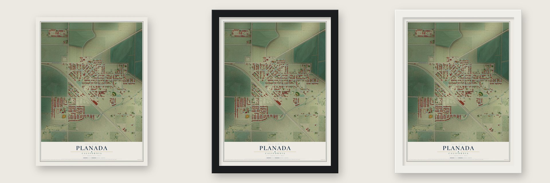 Planada, California map unframed, in a black wood frame and in a white wood frame
