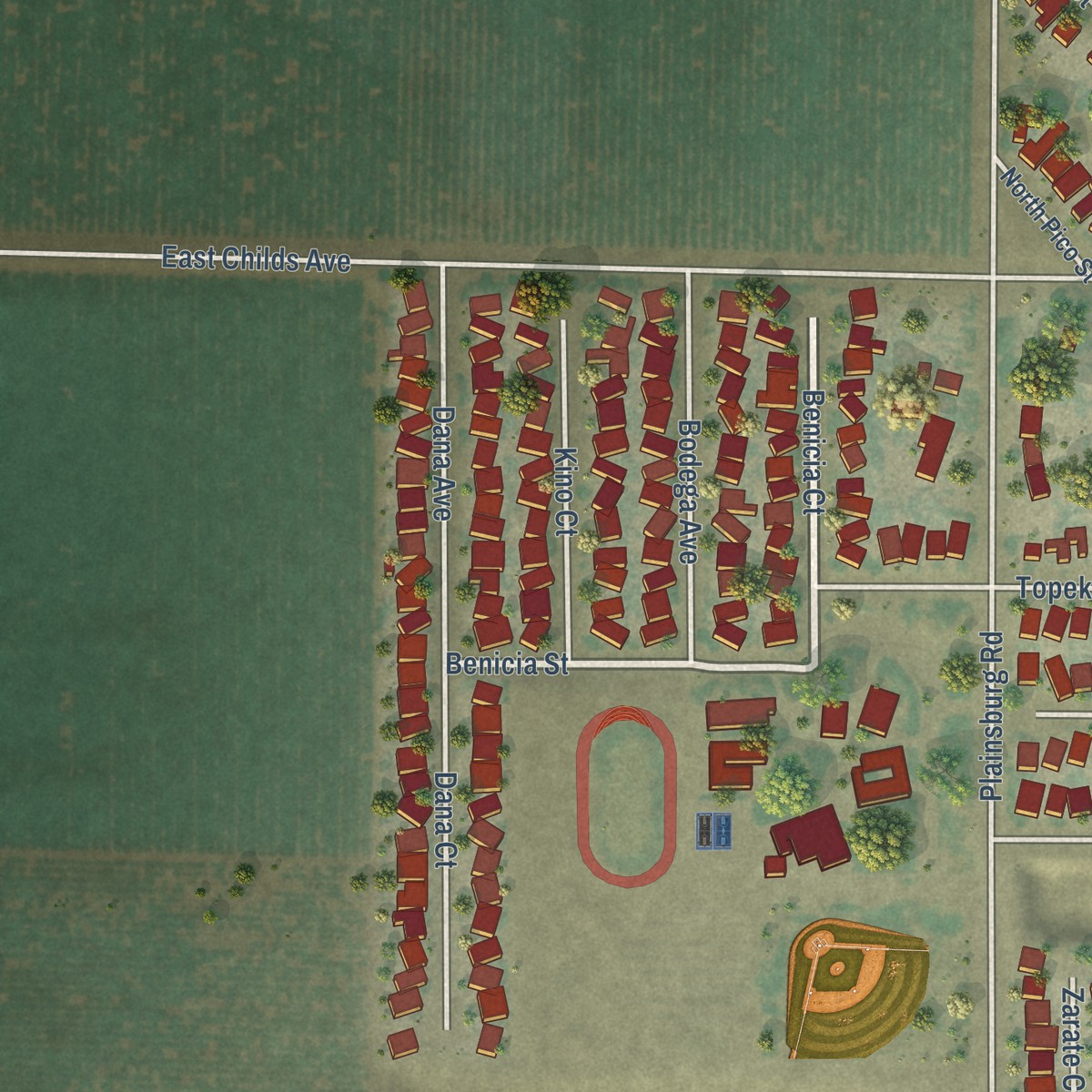 Second close-up of the map of Planada, California print showing more streets and buildings