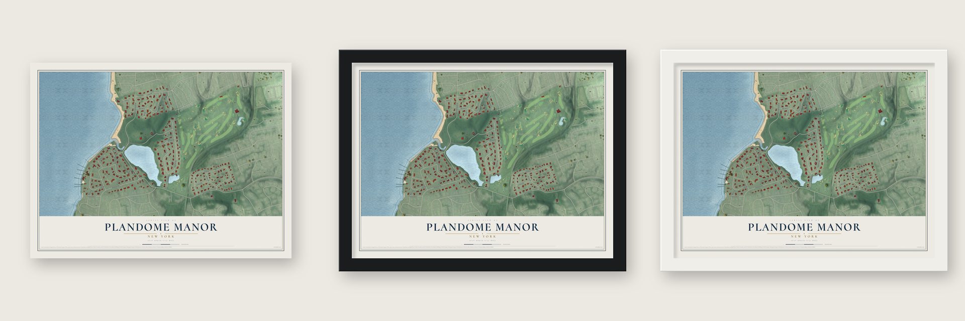 Plandome Manor, New York map unframed, in a black wood frame and in a white wood frame