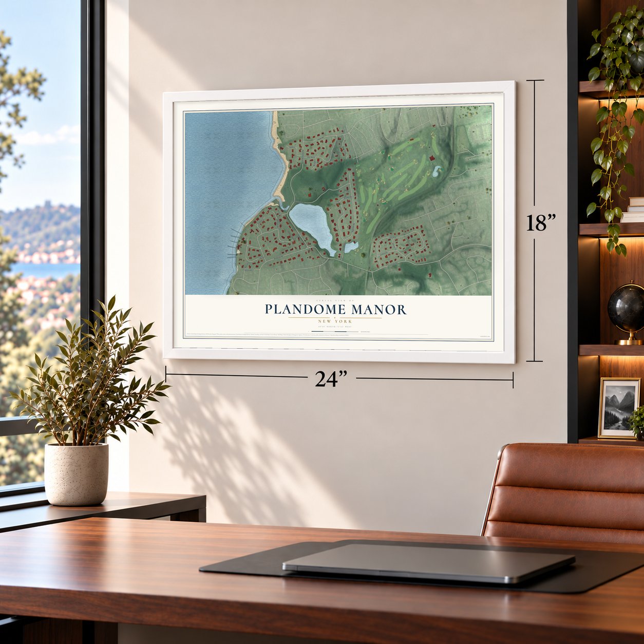 Plandome Manor, New York map, 18 x 24 inch print in a white frame in a home office