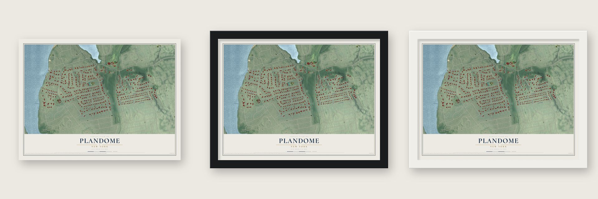 Plandome, New York map unframed, in a black wood frame and in a white wood frame