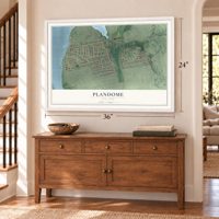 Plandome, New York map, 24 x 36 inch print in a white frame above a dresser by a staircase