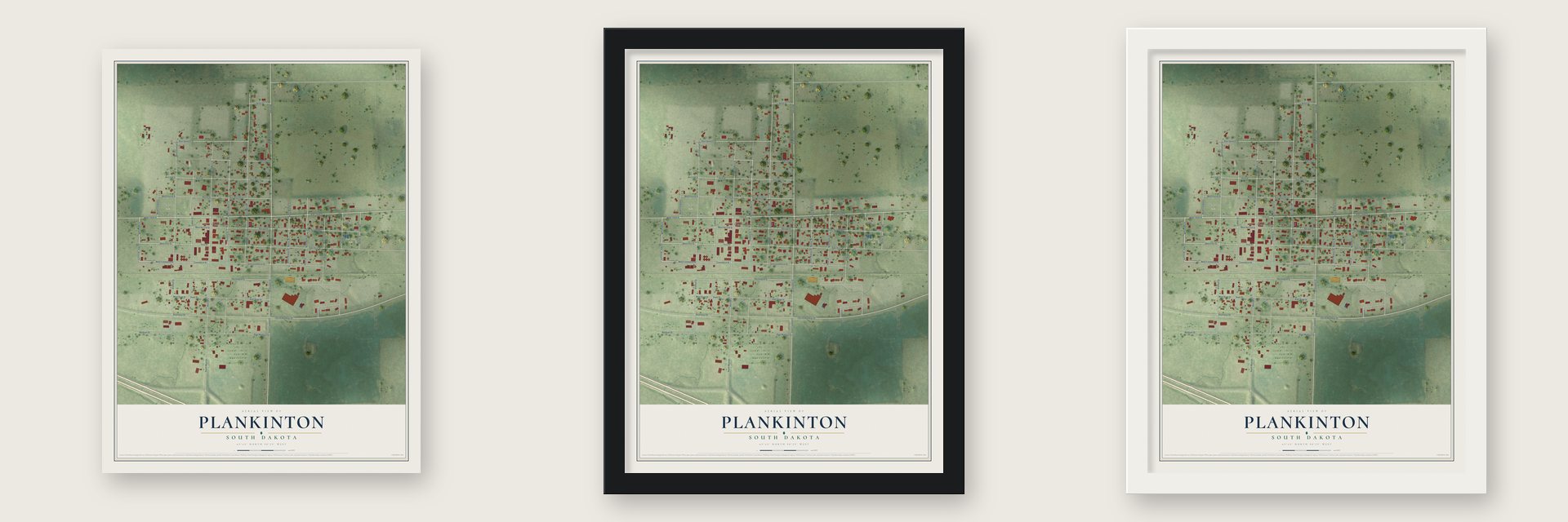 Plankinton, South Dakota map unframed, in a black wood frame and in a white wood frame