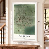 Plankinton, South Dakota map, 24 x 36 inch print in a white frame by a staircase