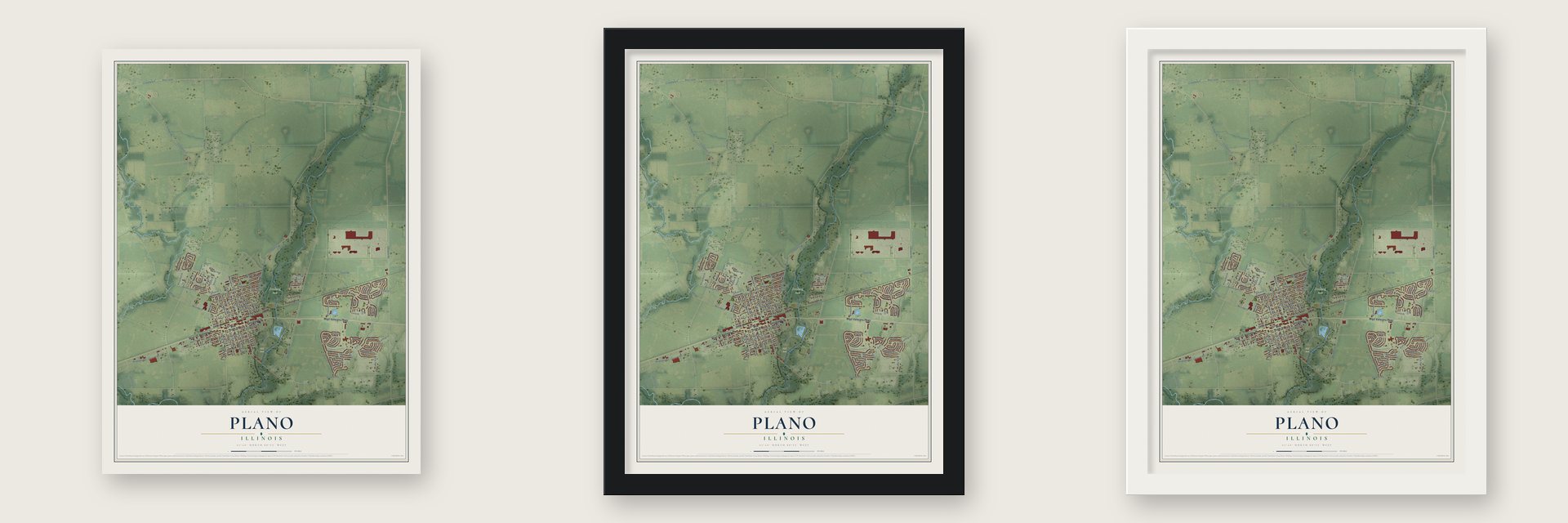 Plano, Illinois map unframed, in a black wood frame and in a white wood frame