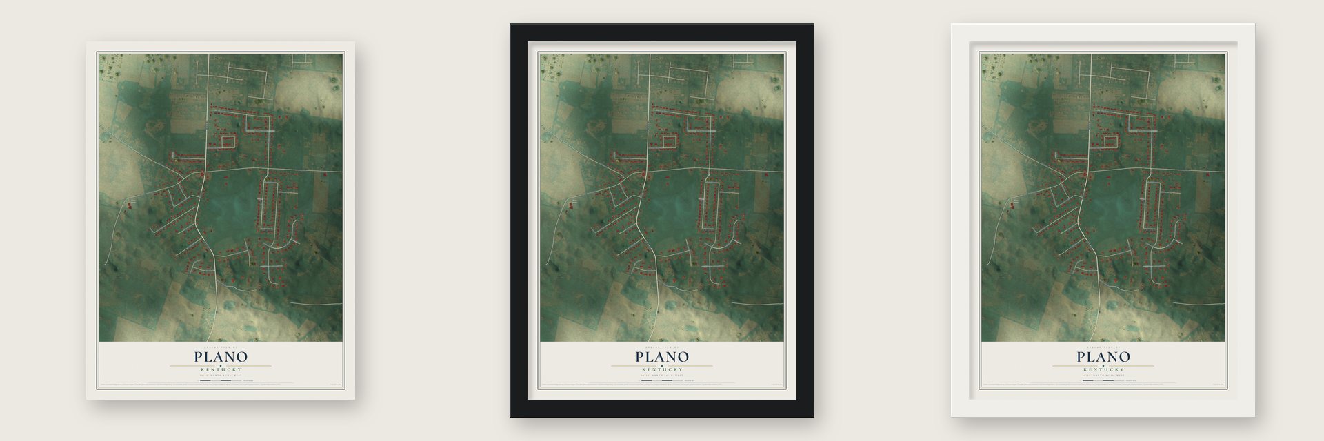 Plano, Kentucky map unframed, in a black wood frame and in a white wood frame