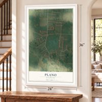 Plano, Kentucky map, 24 x 36 inch print in a white frame by a staircase